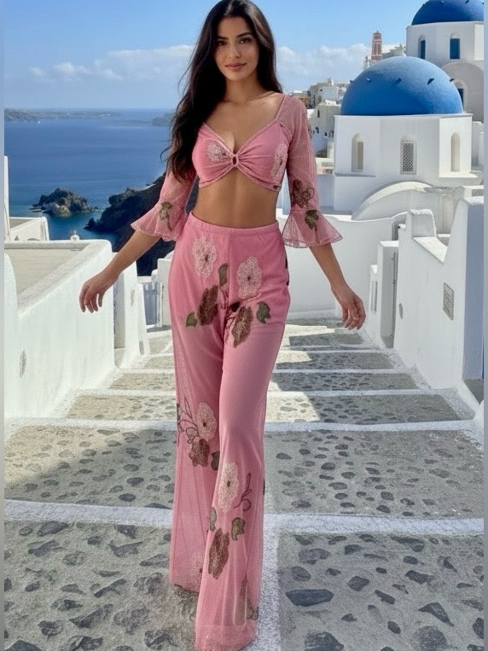 Pink Floral hand beaded Wide-Leg Pants -and TOP set stretch Women's Jumpsuit Set